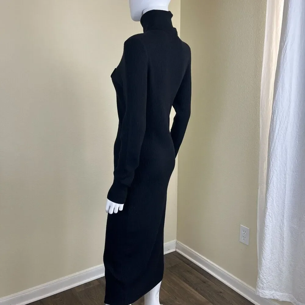 DVF Women Size L Black Wool Jersey Knit Midi Sweater Dress Capsule Minimalist